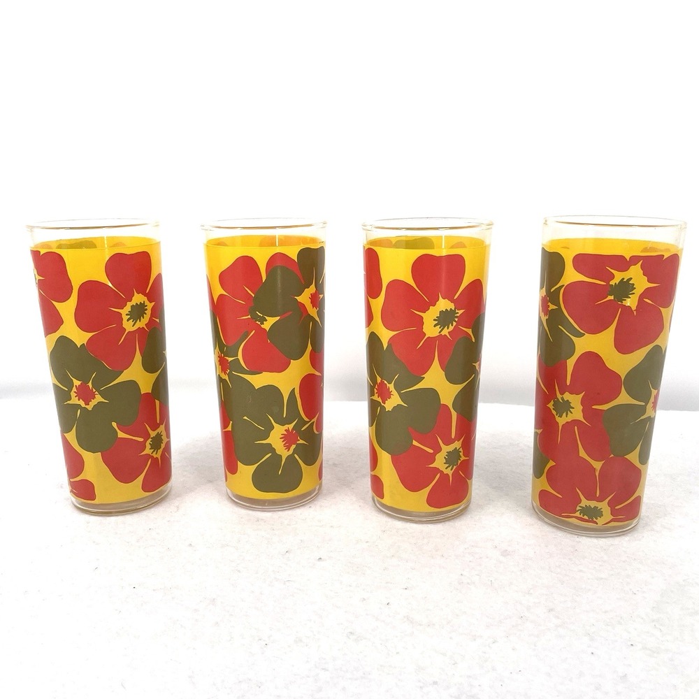 Vintage Retro Hibiscus Flower Tumbler Drinking Glass Set of 4
